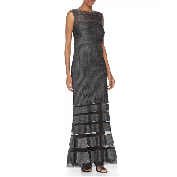 TADASHI SHOJI | Metallic Grey Pintuck Sheer Illusion Bodycon Gown Dress | Sz S - Picture 1 of 16